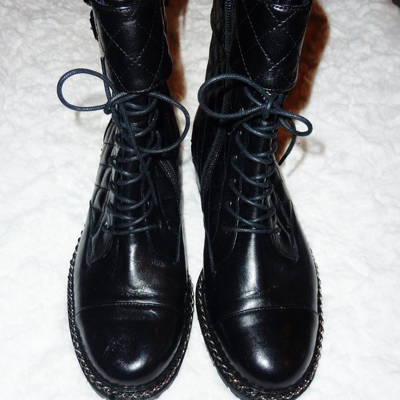 New VC Vince Camuto Leather Black Combat Boots Size 7 Made In Italy